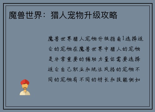 魔兽世界：猎人宠物升级攻略